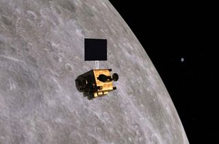 An artist's conception of Chandrayaan-1 orbiting the moon.