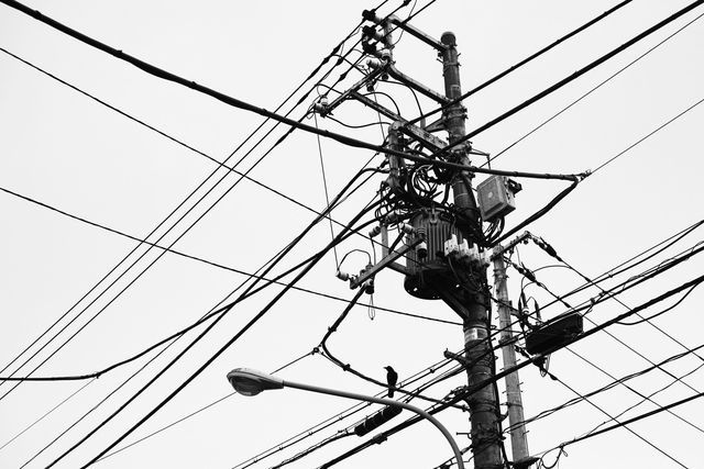 Electricity, Electrical supply, Overhead power line, Line, Wire, Black-and-white, Public utility, Monochrome, Monochrome photography, Parallel, 