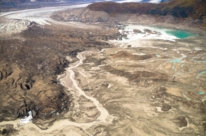 A Sept. 2, 2016 aerial photo showing the meltwater stream along the toe of Kaskawulsh Glacier diverting water from one river to another.