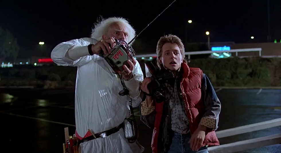 doc and marty test their time machine in the film back to the future