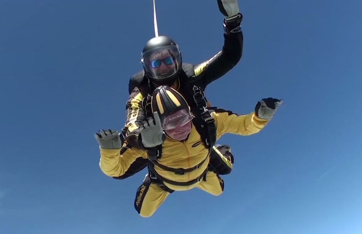 Tandem skydiving, Parachuting, Air sports, Extreme sport, Windsports, Parachute, Sky, Fun, Paragliding, Helmet, 