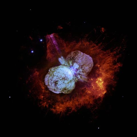<p>Eta Carinae is a blue hypergiant binary star 7,500 light years away that is seemingly ready to blow up into a supernova at any moment. One star is around 100 times the mass of the Sun, while the other is between 50 and 80 times the size of the sun.&nbsp;</p><p>Inside this cauldron, temperatures reach 72,000 degrees Fahrenheit just on the surface of the stars. But as the stars reach a nearest approach, the hot gas between the two can reach up to&nbsp;1,799,540 degrees.&nbsp;</p>