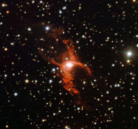 <p>The dead star at the center of the Red Spider Nebula has a surface temperature of&nbsp;250,000<span class="redactor-invisible-space" data-verified="redactor" data-redactor-tag="span" data-redactor-class="redactor-invisible-space"> degrees F, which is 25 times the temperature of the Sun's surface. This white dwarf may, indeed, be the hottest object in the universe. Like many white dwarfs, it is likely the size of Earth and is the core of a Sun-like star after it expels its atmosphere in a red giant event.&nbsp;</span></p><p><span class="redactor-invisible-space" data-verified="redactor" data-redactor-tag="span" data-redactor-class="redactor-invisible-space">Measuring a white dwarf temperature is hard, owing to their small size. That said, the Red Spider Nebula may have competition from the white dwarf at the center of <a href="http://www.spacetelescope.org/images/opo9935e/" data-tracking-id="recirc-text-link">NGC 2440</a>, which reaches similarly high temperatures.&nbsp;</span></p>