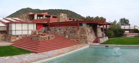 <p><span>Considered one of America's finest architects of all time, Frank Lloyd Wright place what's possibly his most personal design, his desert home&nbsp;Taliesin West<span class="redactor-invisible-space"></span>&nbsp;in the
McDowell Mountains of Scottsdale, Arizona. Started in 1937, the&nbsp;homestead was built up over
years by Wright and his architectural students—they still come to work at the
site—and handcrafted with desert masonry of local volcanic rock, cement mixed
with desert sand,&nbsp;and redwood beams that open to the light. Wright's aim was to
embrace the nature around him, build with local materials, and then connect the
architecture through terraces, pools, and gardens.</span><br></p>