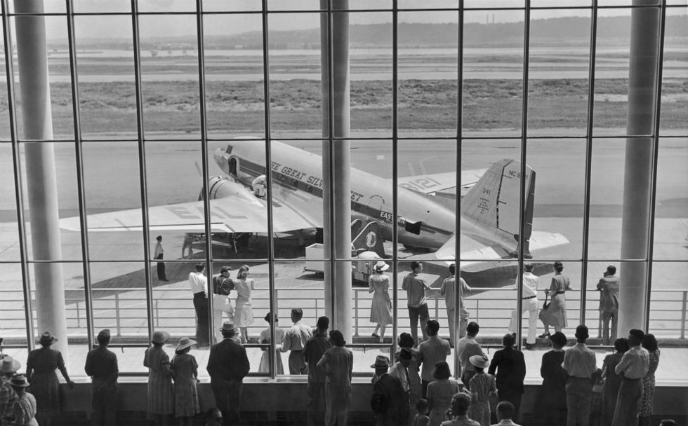 Airplane, Airport, Air travel, Aircraft, Airline, Aviation, Airport terminal, Vehicle, Monochrome, Black-and-white, 