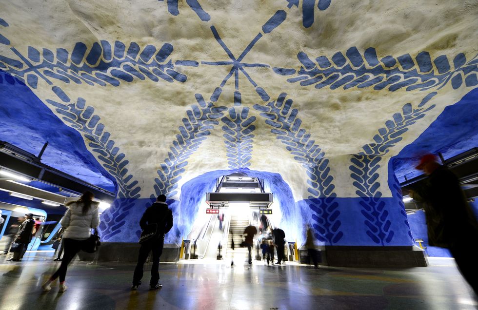<p>Much of the Blue Line in Stockholm's subway station has bedrock ceiling and walls, giving designers a chance to paint the undulating rock for maximum impact. The T-Centralen, the only station to serve all three lines in Stockholm, takes it to the next level, painted to look like a cave. Opened in 1957 and intricately decorated in the 1970s, expect T-Centralen to serve as the pinnacle of the bedrock-filled Stockholm line.<span class="redactor-invisible-space" data-verified="redactor" data-redactor-tag="span" data-redactor-class="redactor-invisible-space"></span></p>