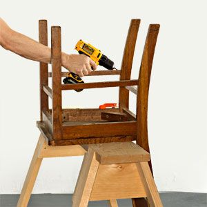 It takes a stubby drill driver or a right-angle attachment to install a pocket screw between a chair's parts. Save space by inserting the bit directly in the chuck rather than a magnetic bit holder.