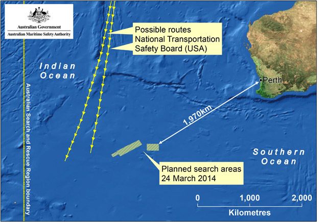 This handout Satellite image made available by the AMSA (Australian Maritime Safety Authority) shows a map of the planned search area for missing Malaysian Airlines Flight MH370 on March 24, 2014.