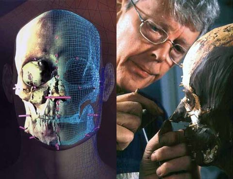 Computer models (left) and modeling clay enable Neave (right) to create a forensically acceptable facial reconstruction.