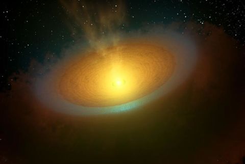 Artist's concept of an icy planet-forming disk around a young star called TW Hydrae, located about 175 light years away in the Hydra, or Sea Serpent, constellation.