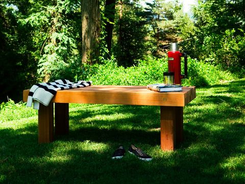 Wood, Outdoor furniture, Street furniture, Outdoor bench, Outdoor table, Bench, Park, Coquelicot, 