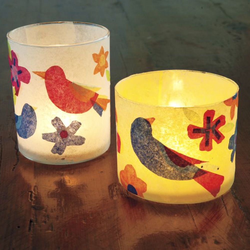 Decoupage Tea Lights With Colourful Tissue Paper