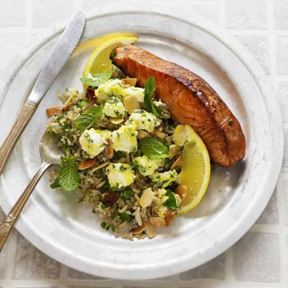 Healthy asian salmon recipe with brown rice and feta