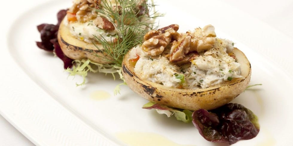 A brilliant baked potato recipe topped with crab and walnuts