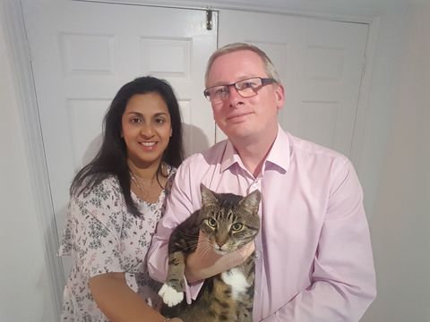 Paul and Sadia French in Southend with cat Frankie