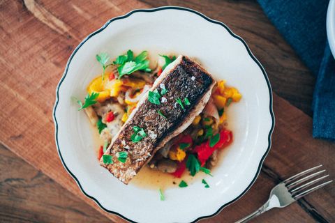 
Crispy Sea bass with roasted vegetables
