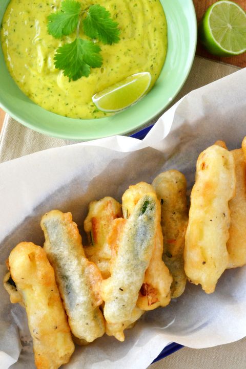Beer battered zucchini with lime cilantro aioli 