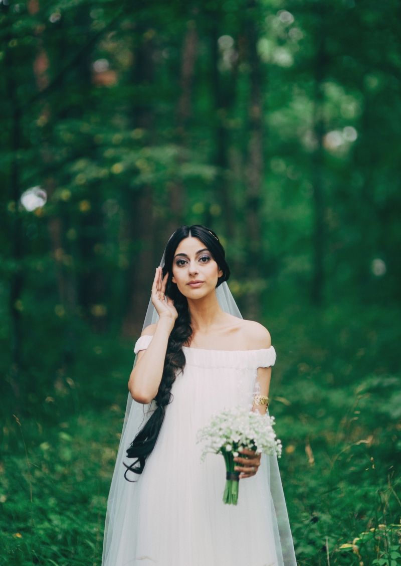 Clothing, Green, Dress, Bridal clothing, People in nature, Gown, Wedding dress, Bride, Forest, Embellishment, 