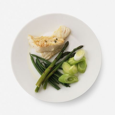<p>        "Make at least half or three-quarters of your plate fruits and veggies," says Hever. "These low-calorie, nutritional nuggets keep you full without adding extra calories." Fill up the rest of your plate with lean proteins like tofu, salmon, or beans and whole grains. <a href="http://www.redbookmag.com/food-recipes/recipes/a32193/farro-white-bean-salad-recipe-rbk0411/" target="_blank">Farro and white bean salad</a>, anyone?  </p>