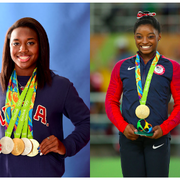 Arm, Smile, Happy, Facial expression, Gold medal, Medal, Electric blue, Glove, Award, Scarf, 