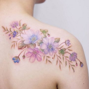 Skin, Joint, Tattoo, Purple, Petal, Wrist, Colorfulness, Lavender, Violet, Flowering plant, 