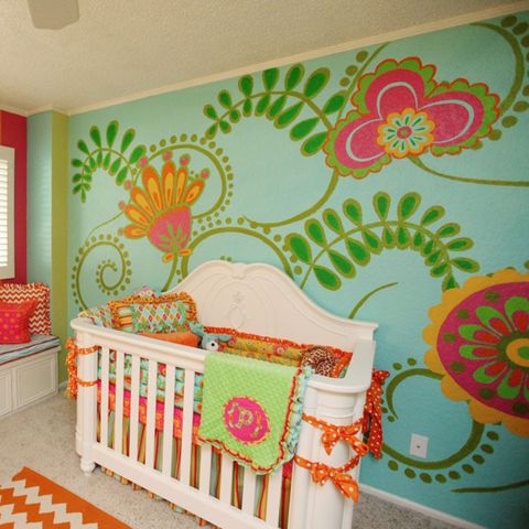 Green, Room, Interior design, Textile, Orange, Wall, Pink, Ceiling, Pattern, Teal, 