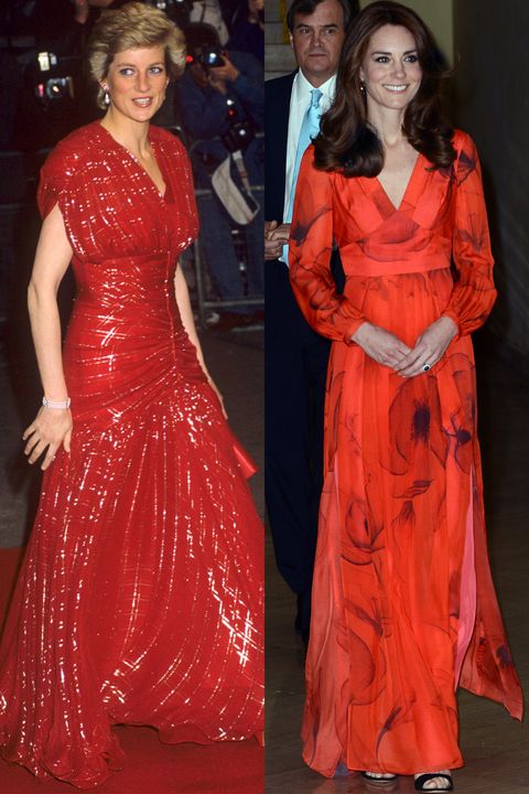 <p>Diana in Bruce Oldfield at a movie premiere in November 1991; Kate in Beulah London at a reception in Thimphu, Bhutan in April 2016.</p>
