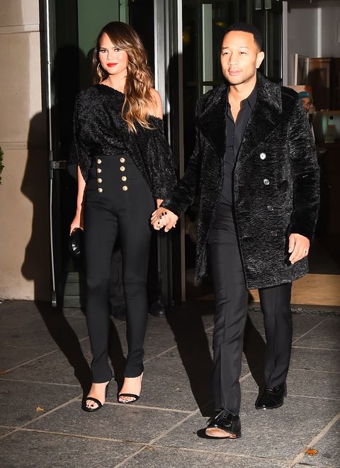 Chrissy Teigen and John Legend coordinate in textures and black for date night in NYC.