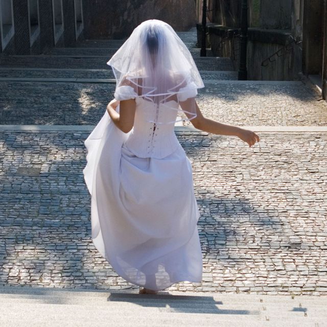 Dress, Textile, Wedding dress, Gown, Veil, Bridal veil, Bride, Street fashion, Bridal clothing, One-piece garment, 