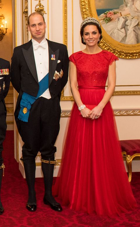 <p>At the Annual Diplomatic Reception held at Buckingham Palace, the Duchess accessorized her ruby-red Jenny Packham gown with the Cambridge Lover's Knot Tiara—a favorite of Princess Diana. </p>
