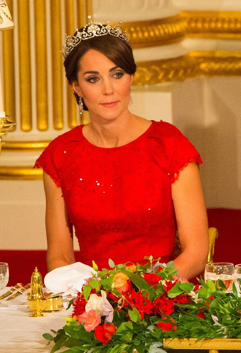 <p>Dressed in the familier red Jenny Packham gown, Kate Middleton wore the Lotus Flower Tiara while attending a state banquet for the Chinese president at Buckingham Palace. This piece was originally a necklace given to the Queen Mother in 1923, but she quickly had it turned into a tiara. </p>