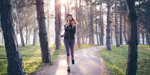 Tree, People in nature, Knee, Street fashion, Sunlight, Forest, Morning, Trunk, Trail, Running, 