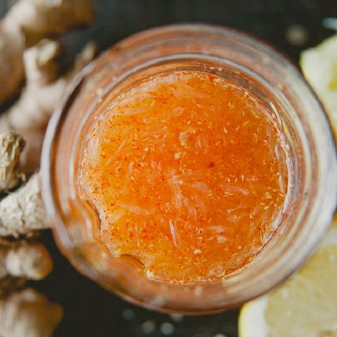 <p><strong data-redactor-tag="strong">Ingredients<br></strong>4 ounces alkaline water (hot or cold)<br>¼ teaspoon himalayan sea salt<br>¼ tsp cayenne pepper<br>½ tsp grated ginger<br>1 ounce lemon juice<br>1 tbsp raw honey<br>¼ tsp ginseng powder</p><p><strong data-redactor-tag="strong">Directions: </strong>Stir everything together and serve. Makes one drink.
</p><p><i data-redactor-tag="i">Recipe courtesy of Claire Thomas of </i><a href="http://www.thekitchykitchen.com/" target="_blank"><i data-redactor-tag="i" data-tracking-id="recirc-text-link">Kitchy Kitchen</i></a>.</p>