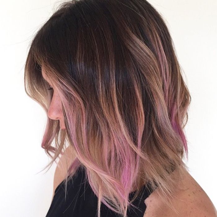 brown hair with pink highlights underneath