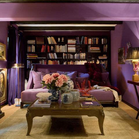 Room, Interior design, Furniture, Table, Purple, Living room, Interior design, Shelf, Lamp, Shelving, 