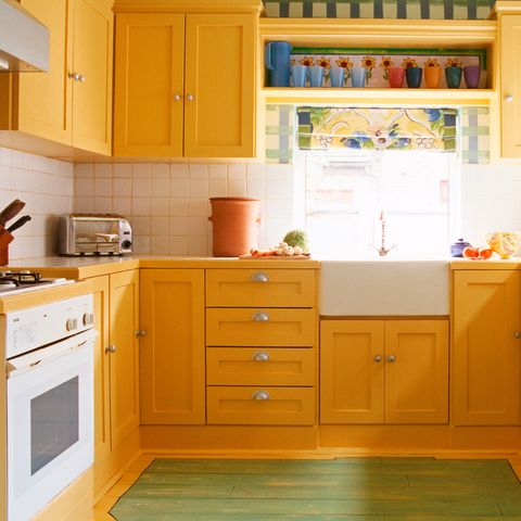 Cabinetry, Kitchen, Room, Furniture, Orange, Yellow, Countertop, Property, Cupboard, Floor, 