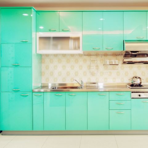 Countertop, Kitchen, Green, Cabinetry, Turquoise, Room, Furniture, Tile, Aqua, Property, 