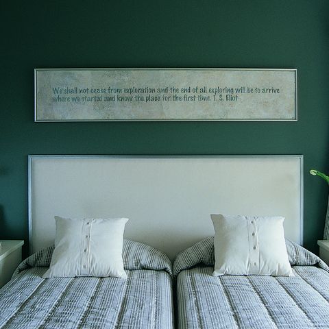 Bedroom, Green, Furniture, Room, Bed, Text, Wall, Turquoise, Bedding, Bed sheet, 