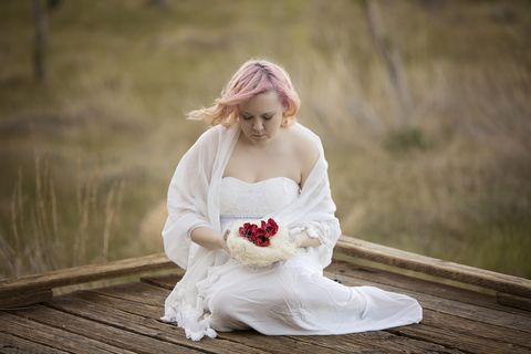 Photograph, White, Dress, Red, Bride, Beauty, Sitting, Wedding dress, Gown, Photography, 