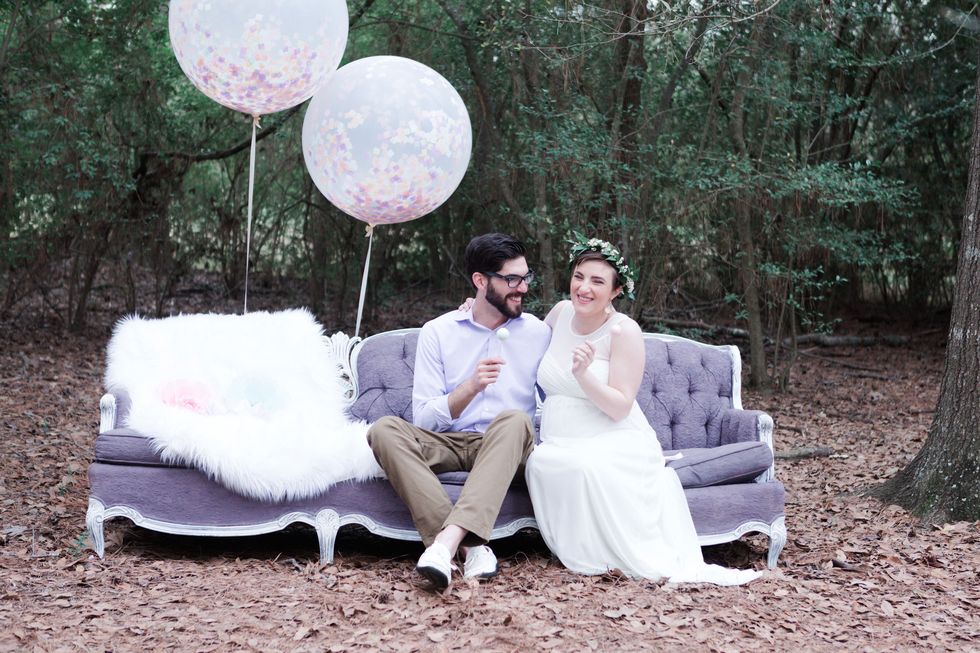 Leisure, Dress, Happy, People in nature, Sitting, Balloon, Forest, Woodland, Wedding dress, Bride, 