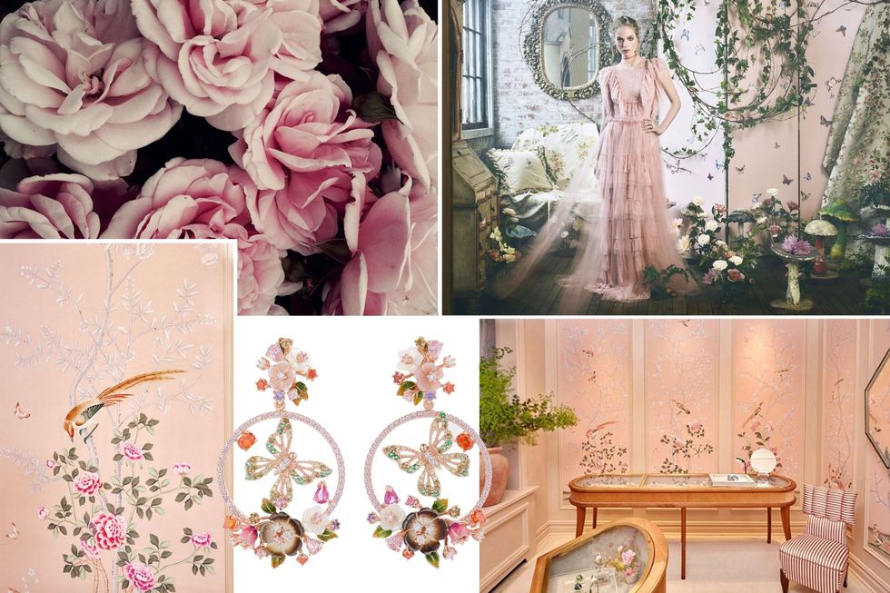 <p>When it comes to weddings, blush is in–always. But, rather than go for 'pretty in pink,' up the ante on this expected palette and elevate it with rich textures, sweet prints and otherworldly extras. To take this girly hue to the next level, punctuate it with hits of black, slate and burnished gold.</p><p><em data-redactor-tag="em"> Pictured: Christos Costarellos gown, price upon request, <a href="http://costarellos.com" target="_blank">costarellos.com</a>; Anabela Chan earrings, $1,845, exclusively at <a href="https://www.modaoperandi.com/anabela-chan-fw17/butterfly-wreath-earrings" target="_blank">modaoperandi.com</a>.</em></p>