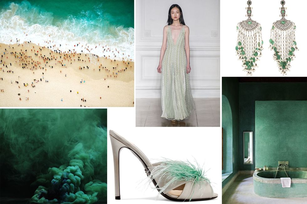<p>A riff on a greenery palette (mentioned above) and a far cry from TIffany blue, this bold shade of enviable green takes a nod from ocean shores and Moroccan riads for a look that feels upscale, while hearkening to the style of a luxe globetrotter. Your favorite beach is an easy source of inspiration, and pairing it with influences from the latest collections and design hotel interiors insures that your event will encompass the best of all worlds.</p><p><em data-redactor-tag="em">Pictured: Valentino Spring 2017 Haute Couture; Prada mules, $785, <a href="https://www.net-a-porter.com/us/en/product/860764/Prada/feather-embellished-satin-mules" target="_blank">net-a-porter.com</a>; Sanjay Kasliwal earrings, $6,000, <a href="https://www.modaoperandi.com/sanjay-kasliwal-ss17/indorussian-pearl-and-emerald-fan-earrings" target="_blank">modaoperandi.com</a>.</em></p>