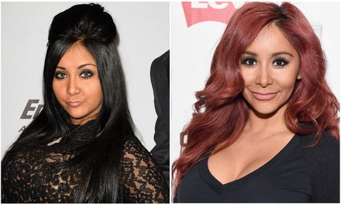 Remember when this self-described "meatball" single-handedly made the "pouf" famous? In her Jersey Shore days, Snooki was known for her down-to-there black hair (and the bump, of course), spider eyelashes, and, obviously, a year-round tan. Around 2013, though, the reality star put down the self-tanner, lightened up her hair to her now-signature red, and chilled out on the mascara. And you know what? It's really working for her.
