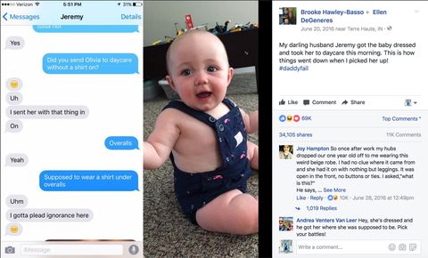 <p>When this mom went to go pick her daughter up at daycare, she noticed a small issue — her husband had forgotten to put a shirt on&nbsp;under her daughter's overalls. She texted him about it and eventually posted the exchange on <a href="https://www.facebook.com/photo.php?fbid=10101515741938124&amp;set=o.26012002239&amp;type=3&amp;theater" target="_blank" data-tracking-id="recirc-text-link">Facebook</a>.&nbsp;"Uhm, I gotta plead ignorance here," her husband Jeremy&nbsp;hilariously replied. The post has almost 70,000 likes and 34,000 shares — and I'm sure all those people are laughing&nbsp;<em data-verified="redactor" data-redactor-tag="em">with&nbsp;</em><span class="redactor-invisible-space">him, not at him.</span></p>
