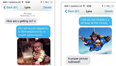 <p>This mom just wanted <a href="http://www.redbookmag.com/life/news/a44156/man-vs-baby-funny-texts-working-mom/" target="_blank" data-tracking-id="recirc-text-link">one simple update</a> on how her baby was doing during her first day back at work. Thankfully, her husband <a href="https://www.facebook.com/manversusbaby/photos/a.731695576968065.1073741828.728359387301684/756994964438126/?type=3&amp;theater" target="_blank" data-tracking-id="recirc-text-link">had it handled</a>, taking his baby to the pub, a club, skydiving, and rocket launching. Sounds like a totally normal day.&nbsp;</p>
