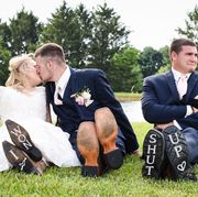 Photograph, Ceremony, Wedding, Bride, Event, Grass, Dress, Wedding dress, Lawn, Formal wear, 