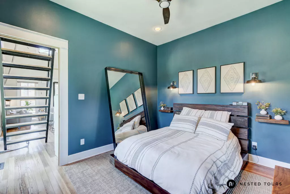 Wood, Blue, Bed, Room, Interior design, Floor, Lighting, Green, Property, Wall, 