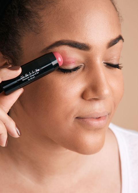 <p>Choose a blush stick with a rounded tip, which helps it glide on more easily. Swipe a smidge of it along the crease of your lids, then use your ring finger to tap it down to the lash lines. You want the color to be sheerest on your eyes.</p><p><strong data-redactor-tag="strong" data-verified="redactor">RELATED:&nbsp;<a href="http://www.redbookmag.com/beauty/makeup-skincare/features/g3154/beauty-tips-for-women/" target="_blank" data-tracking-id="recirc-text-link">15 DIY Beauty Hacks You Really Should Have Tried By Now</a></strong><span class="redactor-invisible-space"><strong data-redactor-tag="strong" data-verified="redactor"><a href="http://www.redbookmag.com/beauty/makeup-skincare/features/g3154/beauty-tips-for-women/"></a></strong></span></p>
