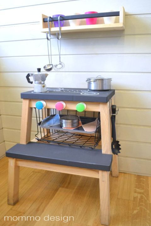 <p>Your kids are going to love playing "let's make dinner" alongside you — and you're going to love how affordable this set up is. It's as simple as painting the steps black, drawing on a stove top, and adding some knobs on the front to get the "burners" going.</p><p><em data-redactor-tag="em" data-verified="redactor"><a href="http://www.mommodesign.com/black-and-white-ikea-hacks-kids.html" target="_blank">See more at Mommo Design »</a></em></p><p><strong data-redactor-tag="strong" data-verified="redactor">What you'll need: </strong><em data-redactor-tag="em" data-verified="redactor">chalkboard paint ($4, <a href="https://www.amazon.com/Rust-Oleum-1913830-Chalkboard-Spray-11-Ounce/dp/B000RMPLJ6/" target="_blank" data-tracking-id="recirc-text-link">amazon.com</a>), chalk ($4, <a href="https://www.amazon.com/Crayola-White-Chalk-12-Ea/dp/B009VYCA18/" target="_blank" data-tracking-id="recirc-text-link">amazon.com</a>)</em></p>