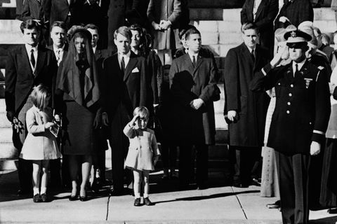 <p>Outside Cathedral St Matthew John John Kennedy salutes his father's coffin with members of the Kennedy family (L-R) From left: Senator Edward Kennedy, Caroline Kennedy, Jackie Kennedy, Attorney General Robert Kennedy and John Kennedy during the funeral on November 25, 1963 in Washington DC, United States.&nbsp;<span class="redactor-invisible-space" data-verified="redactor" data-redactor-tag="span" data-redactor-class="redactor-invisible-space"></span></p>